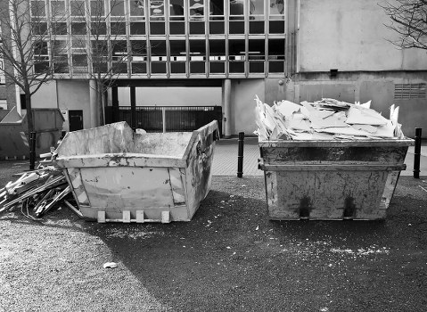 Construction site in Fitzrovia with waste clearance in progress